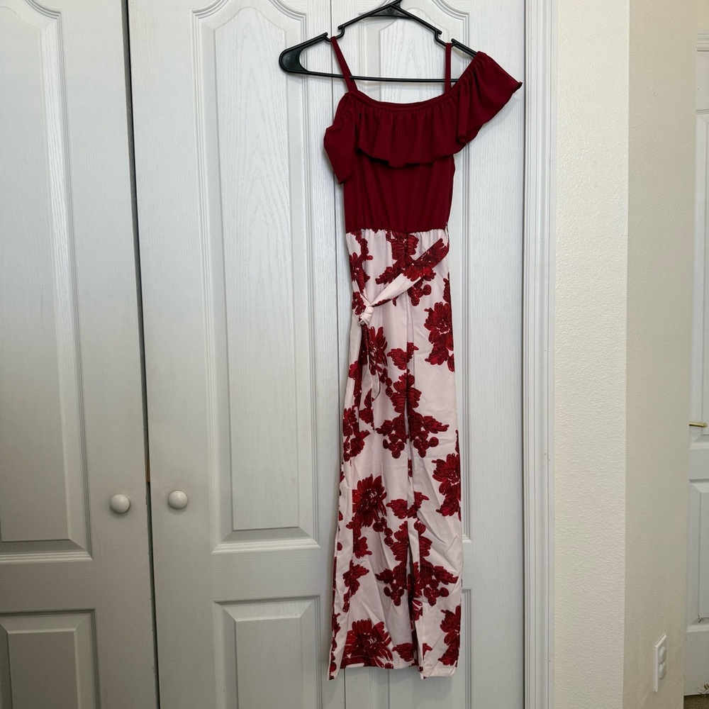 Red Juniors Off the Shoulder Jumpsuit
